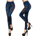 Damen Leggings im floralen Denim-Look mit-hohem Bund und figurformendem Schnitt