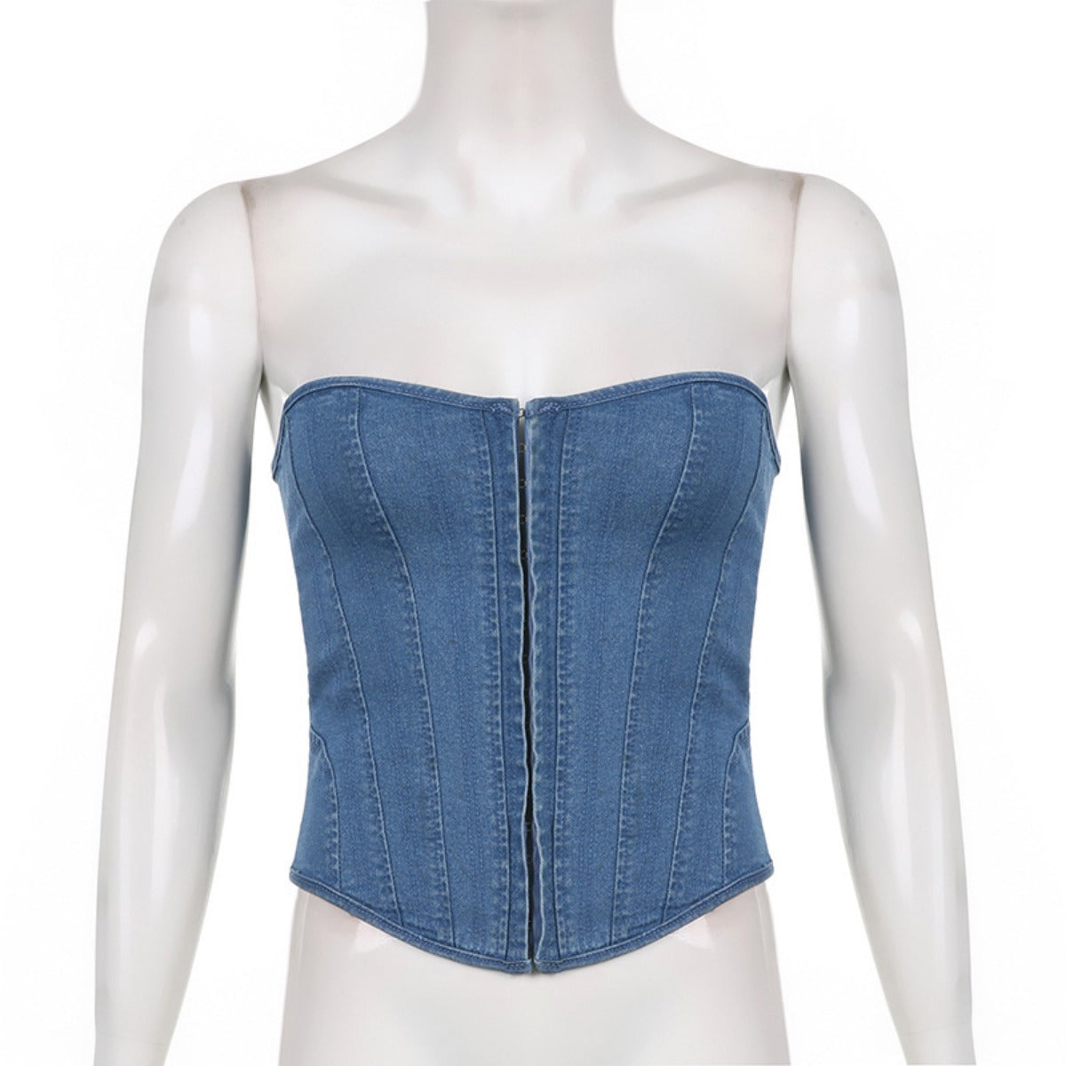 R&B | Schlankes Denim-Röhrentop mit Wellenkragen und Fischgrät