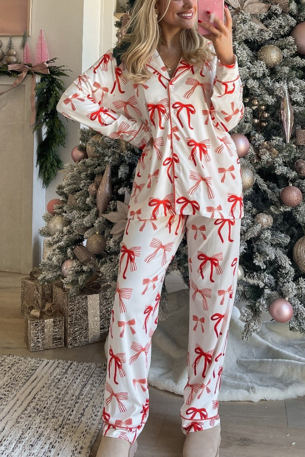 R&B | Weihnachtsbogen Druck Langarmshirt und elastische Taillen Taschenhose Set