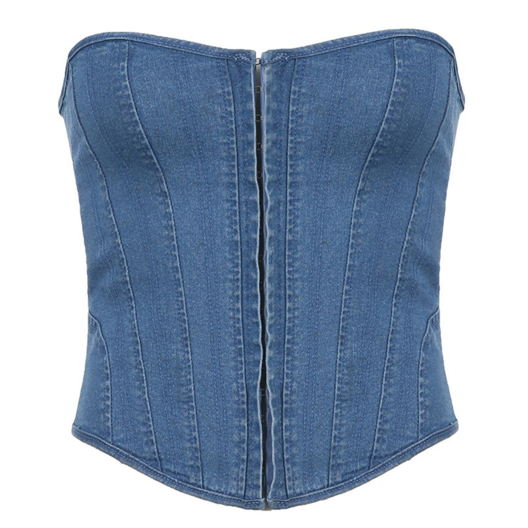 R&B | Schlankes Denim-Röhrentop mit Wellenkragen und Fischgrät