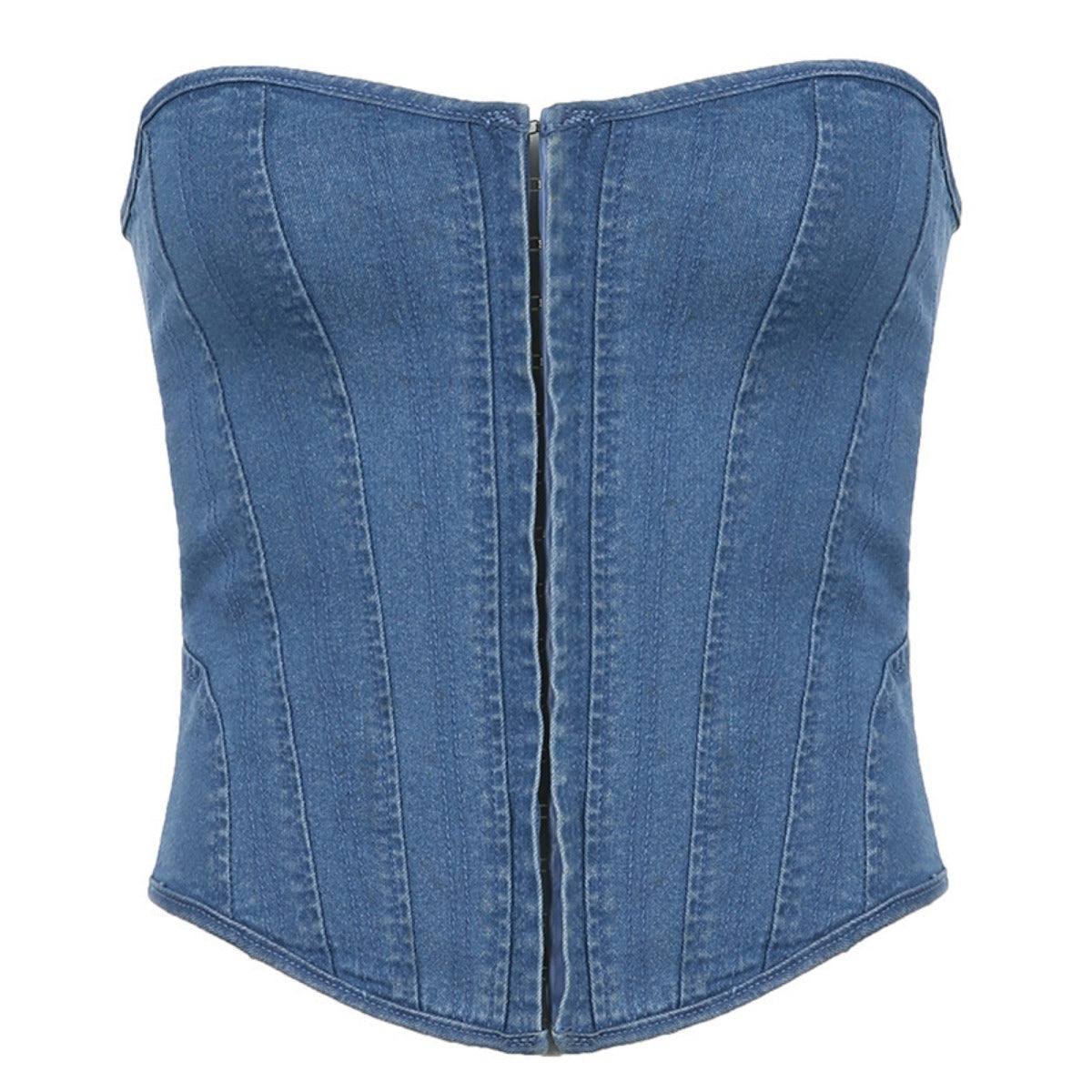 R&B | Schlankes Denim-Röhrentop mit Wellenkragen und Fischgrät