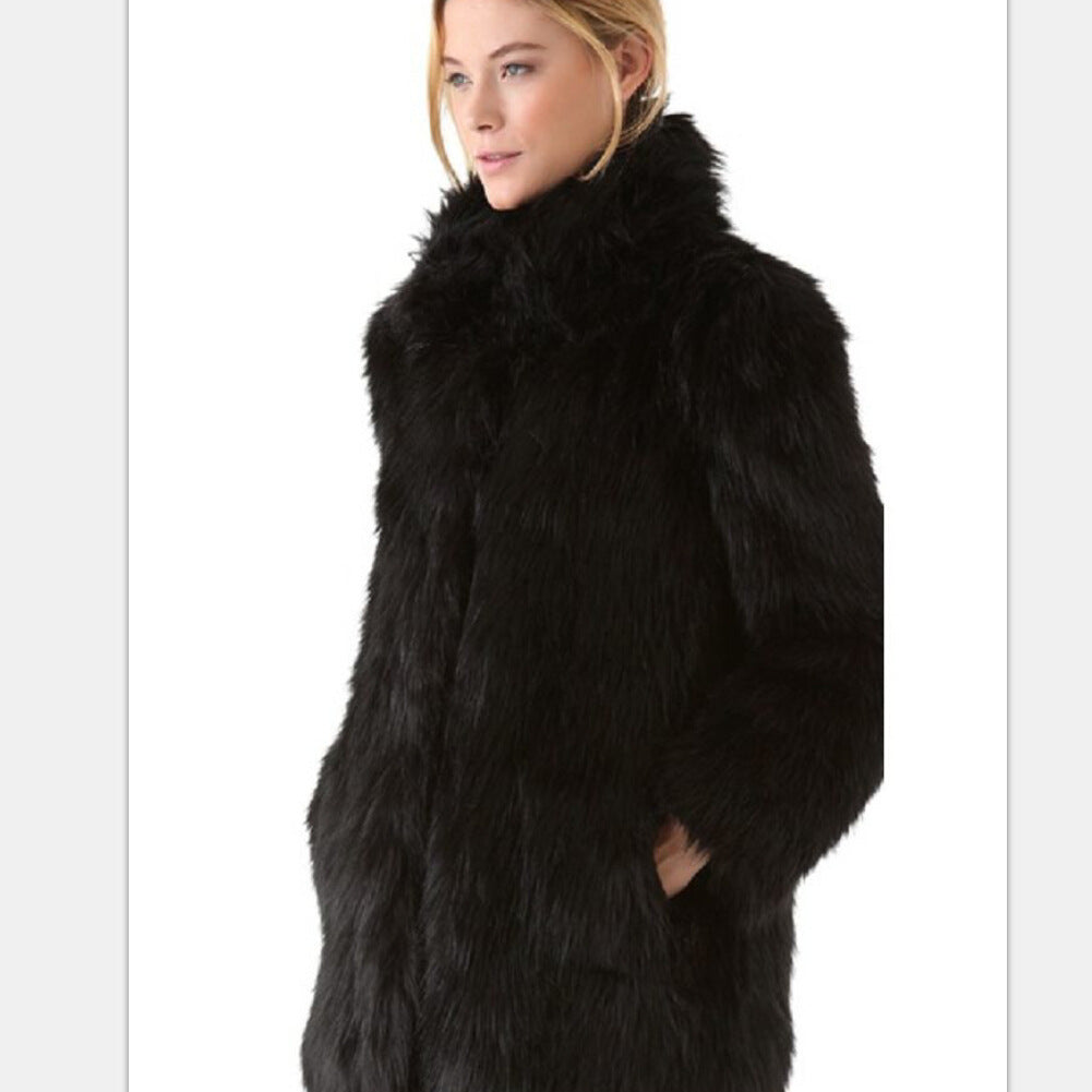 Damen Eleganter Kunstpelz-Mantel mit voluminösem Kragen und praktischen Taschen R&B