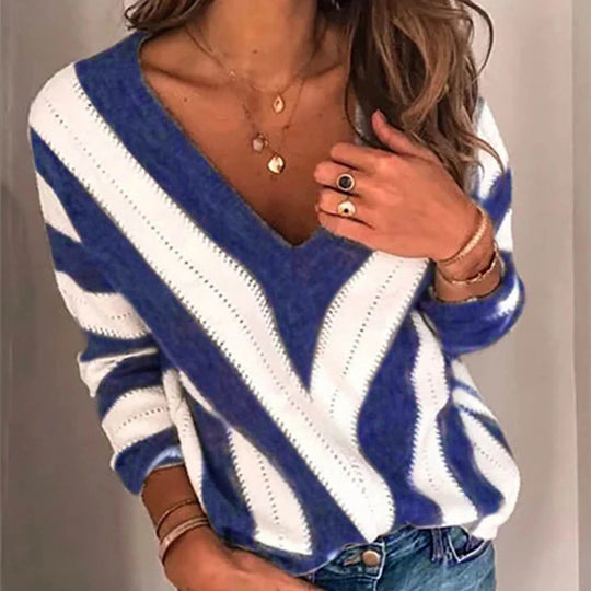 R&B | Gemütlicher gestreifter Pullover mit V-Kragen für Damen