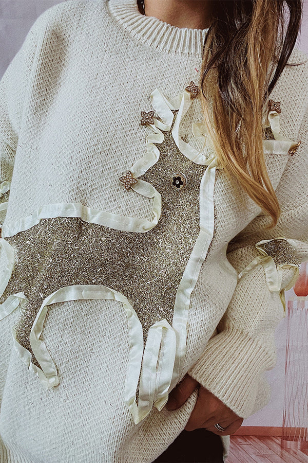 R&B | Weihnachtsmuster Gestrickter Rundhalsausschnitt Langarmpullover