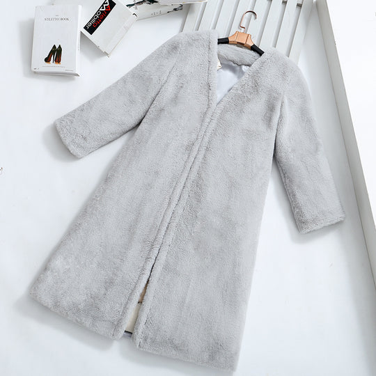 Damen Flauschiger Kunstpelz-Mantel mit elegantem V-Ausschnitt und praktischen Taschen R&B