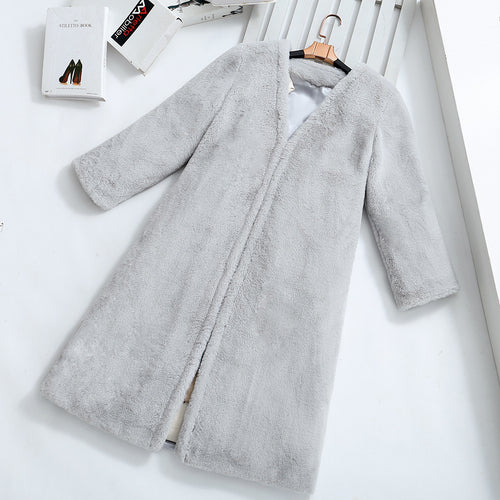 Damen Flauschiger Kunstpelz-Mantel mit elegantem V-Ausschnitt und praktischen Taschen R&B