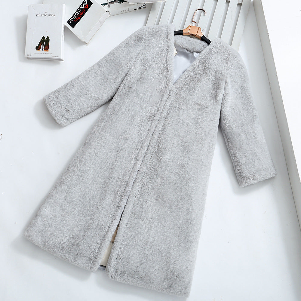 Damen Flauschiger Kunstpelz-Mantel mit elegantem V-Ausschnitt und praktischen Taschen R&B