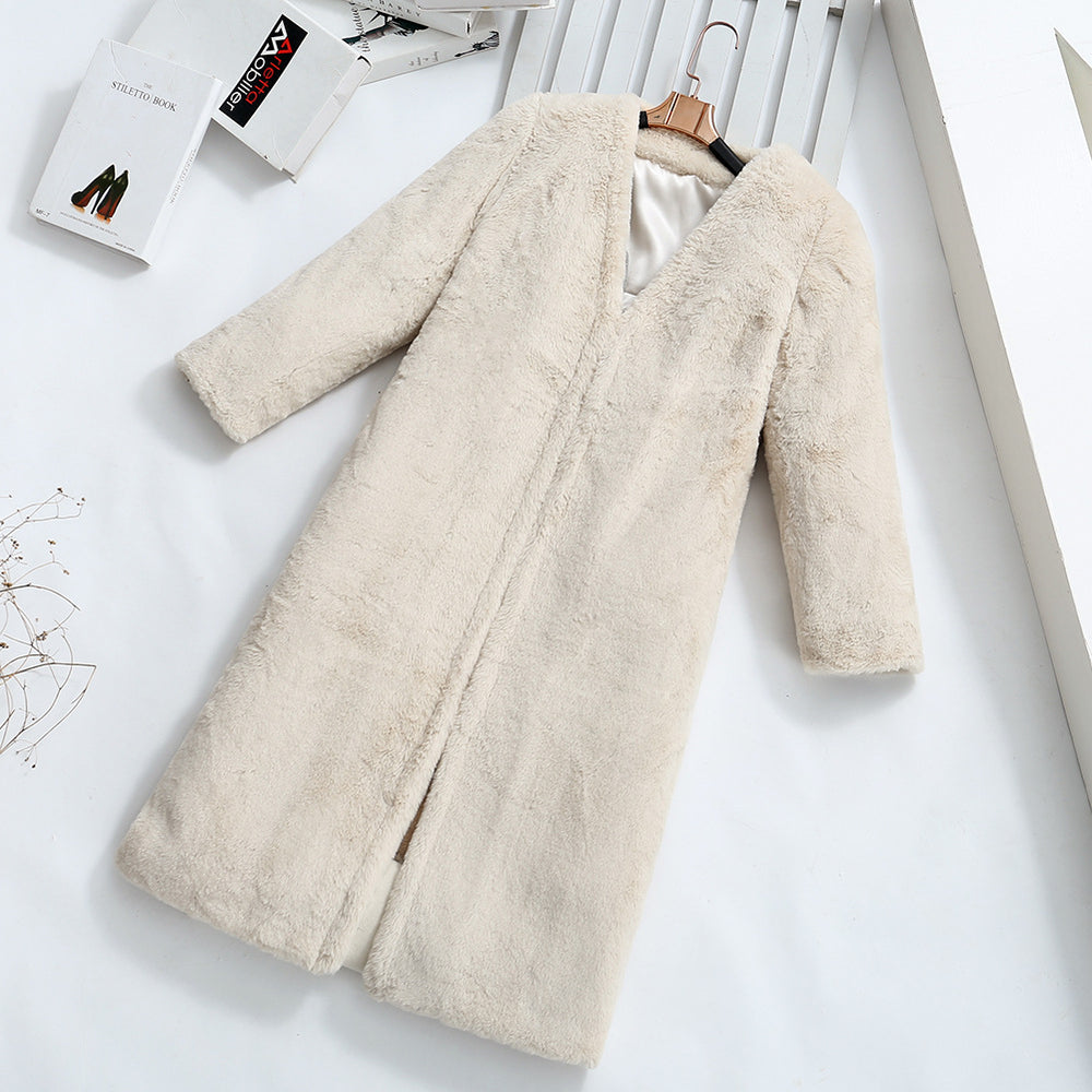 Damen Flauschiger Kunstpelz-Mantel mit elegantem V-Ausschnitt und praktischen Taschen R&B