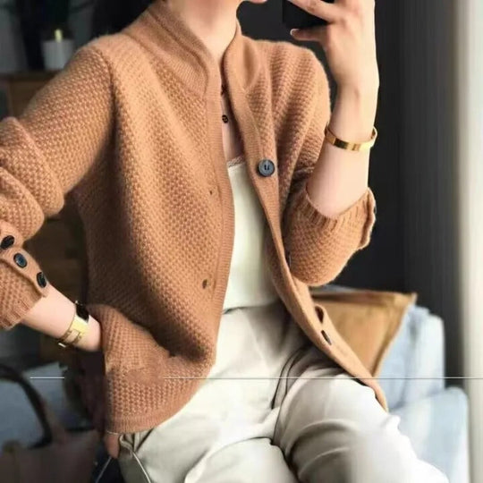 R&B | Strickjacke Gestricktes Muster Knopfverschluss Hoher Kragen mit Taschen