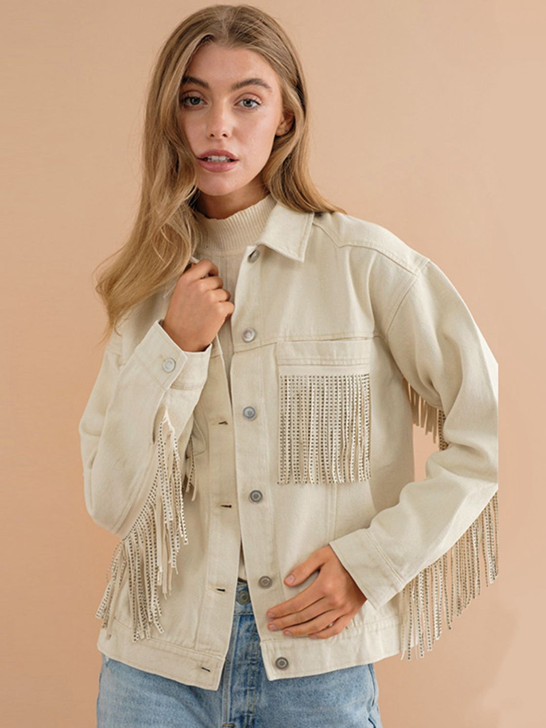 R&B | Fransen-Detail Gefallene Schulter Denimjacke