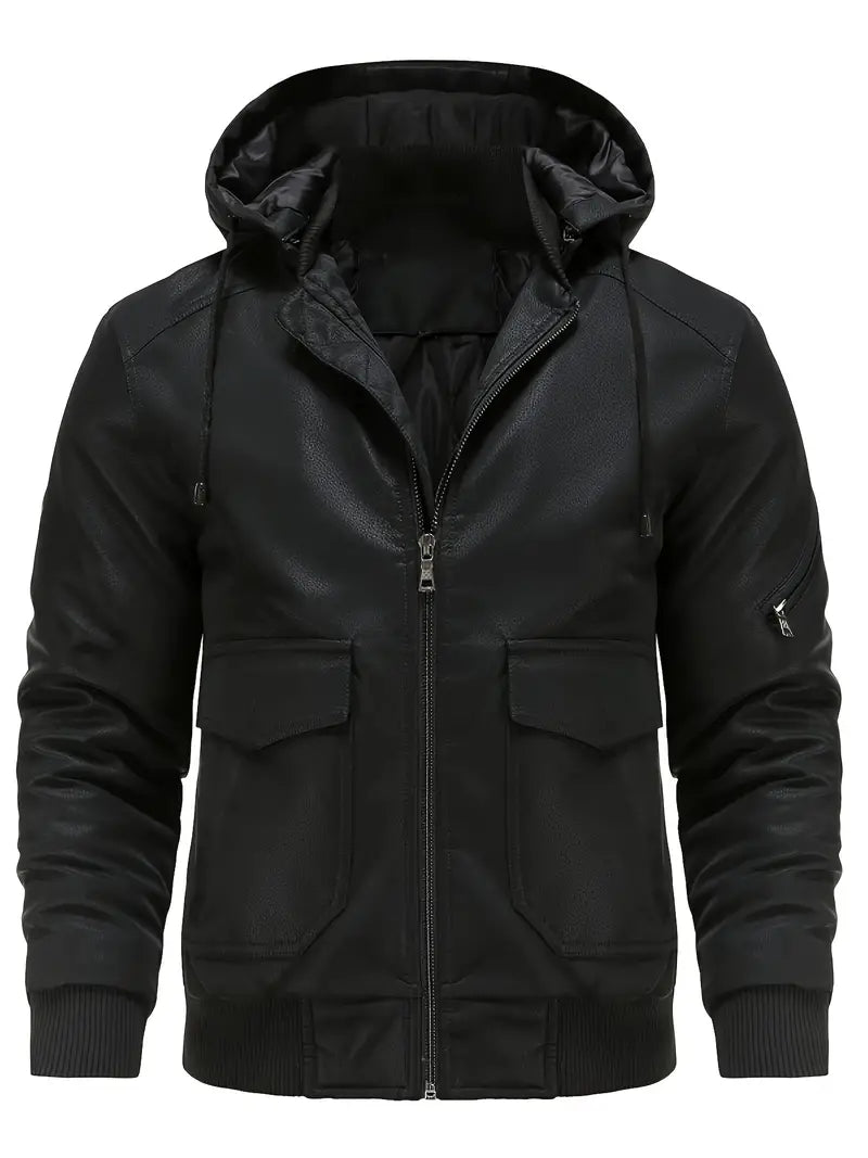 R&B |  Winddichte PU Winterjacke für Herren mit Kapuze