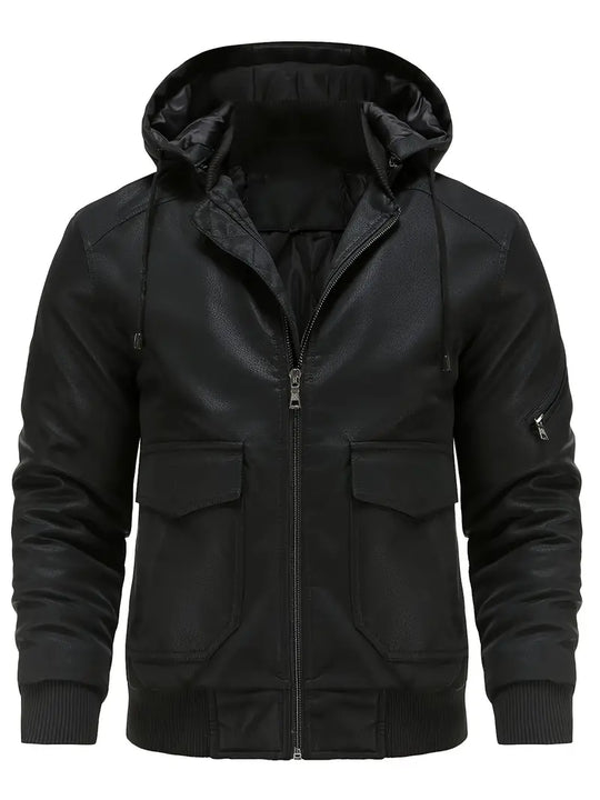 R&B –  Winddichte PU Winterjacke für Herren mit Kapuze