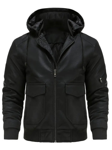R&B –  Winddichte PU Winterjacke für Herren mit Kapuze