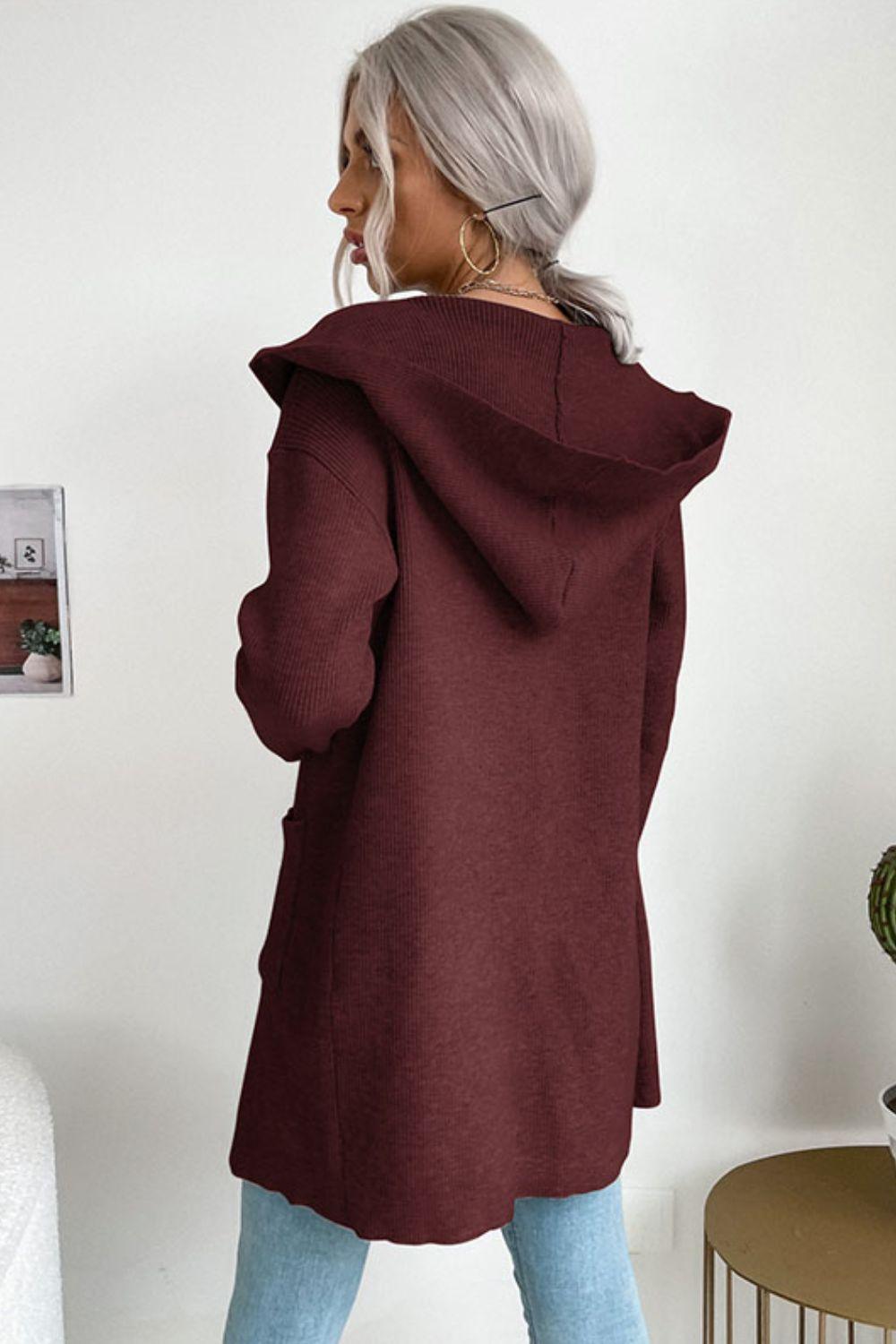 R&B | geripptes offen-front Cardigan mit Kapuze und Taschen