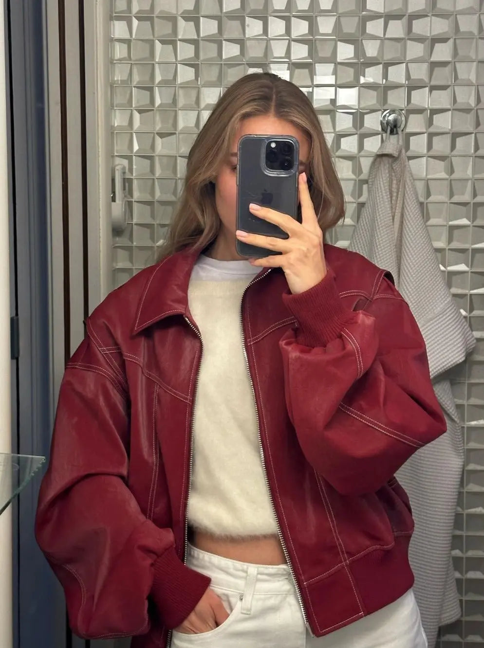 R&B | Burgundisch Zip up Jacke in Übergröße mit Kontrastnähten