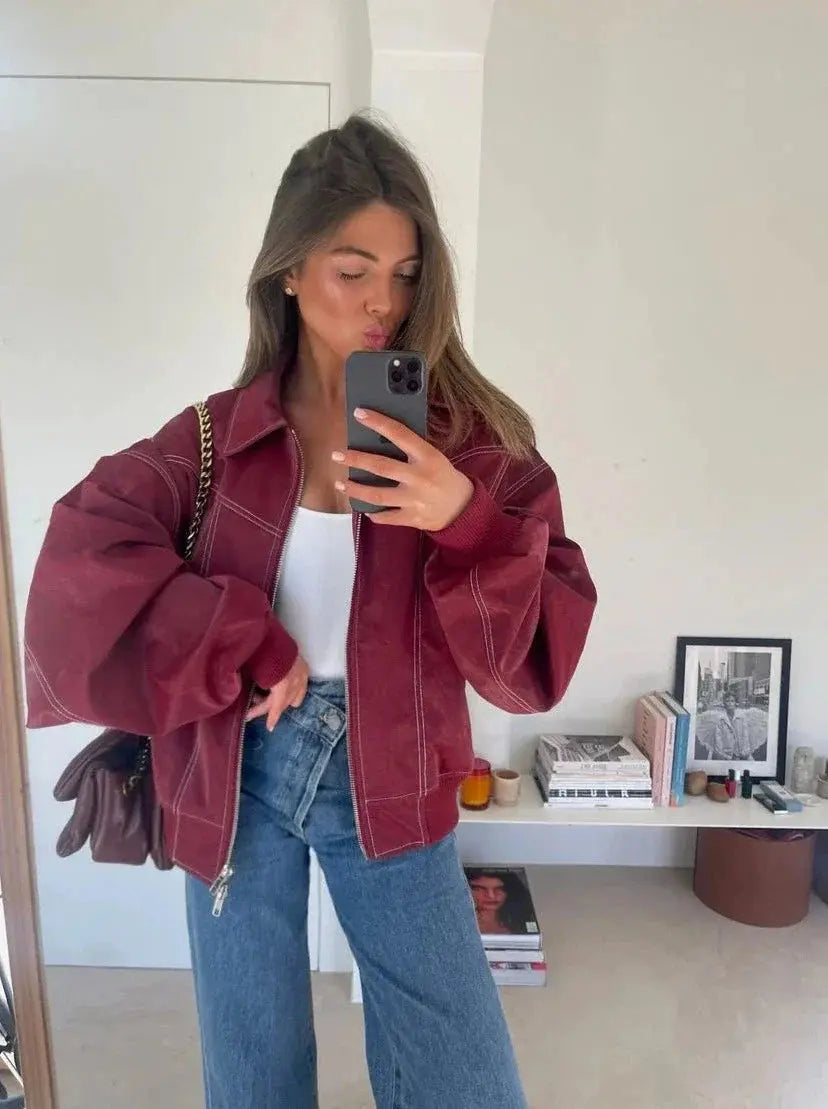 R&B | Burgundisch Zip up Jacke in Übergröße mit Kontrastnähten