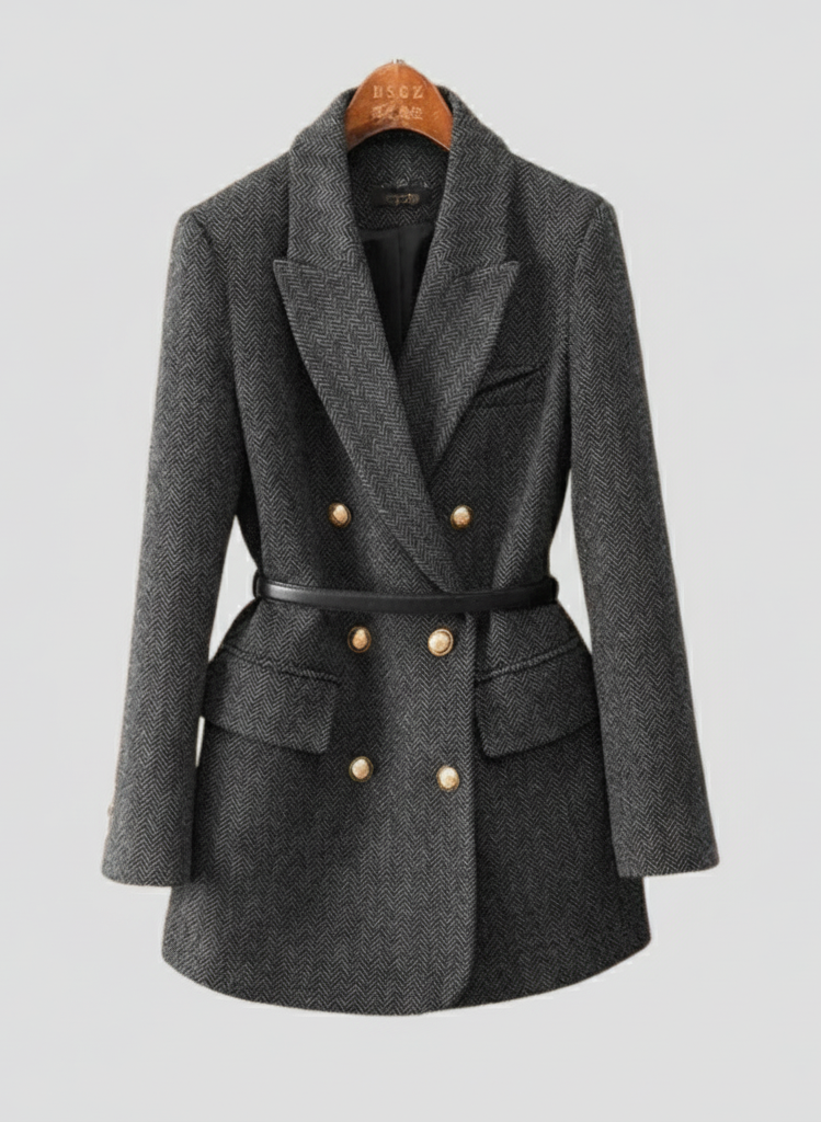 R&B | Tweed Blazer Mantel – Doppelreihig, mit Gürtel, Schalkragen