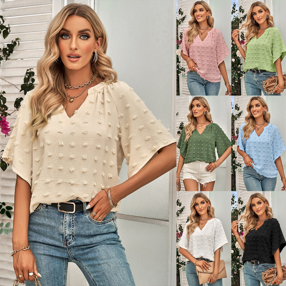 R&B | Damen V-Ausschnitt einfarbig Haarball Top Damen