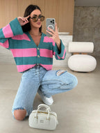 R&B | lässige gestreifte Strickjacke mit V-Ausschnitt