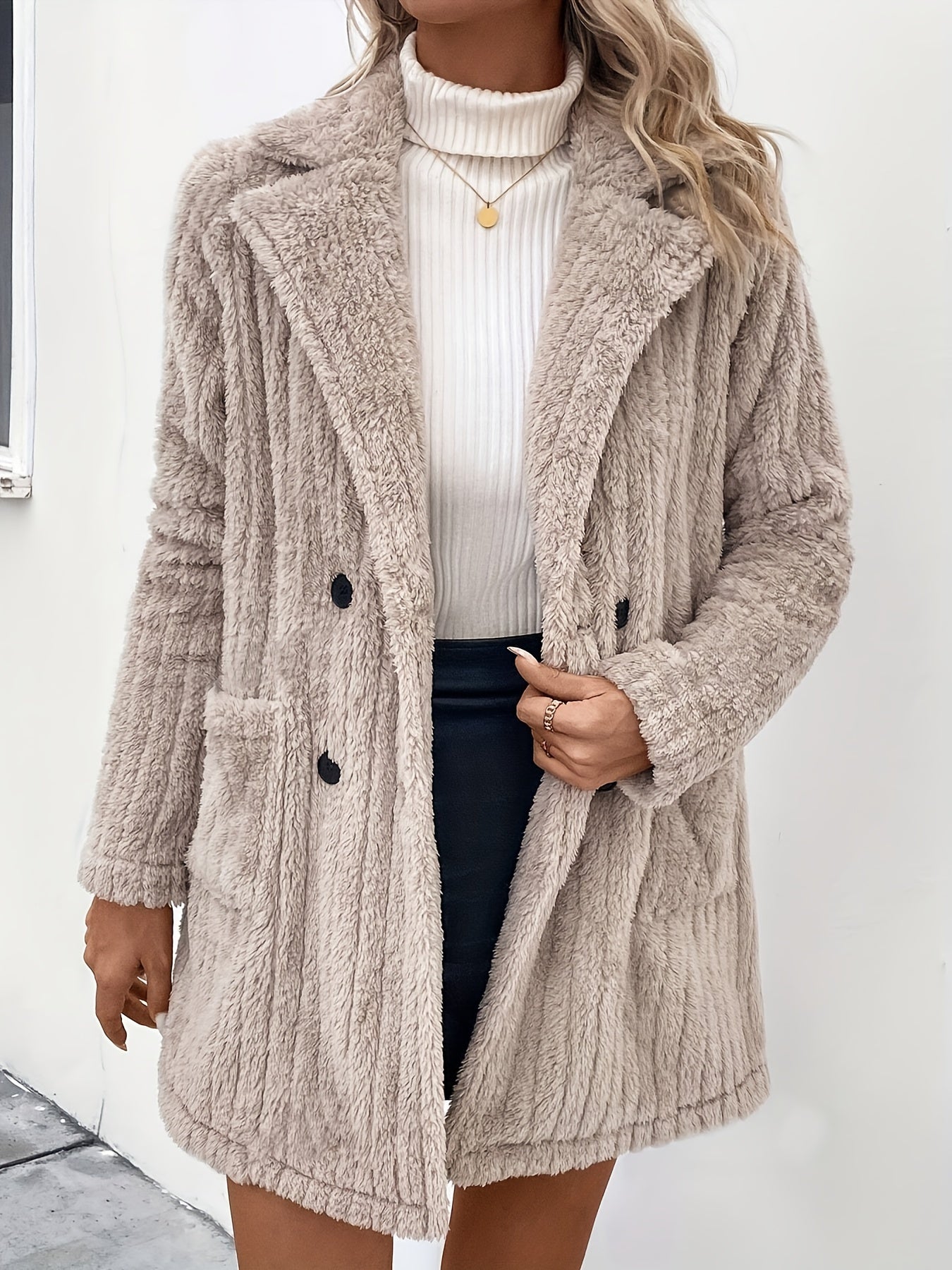 R&B | Doppelknopf-plüschjacke mit Reverskragen Polyester Weich und Warm