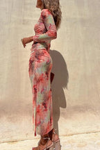 R&B | Charm Lady Mesh Overlay Tie Dye Print Langarm Rüsch Stretch Midi Kleid