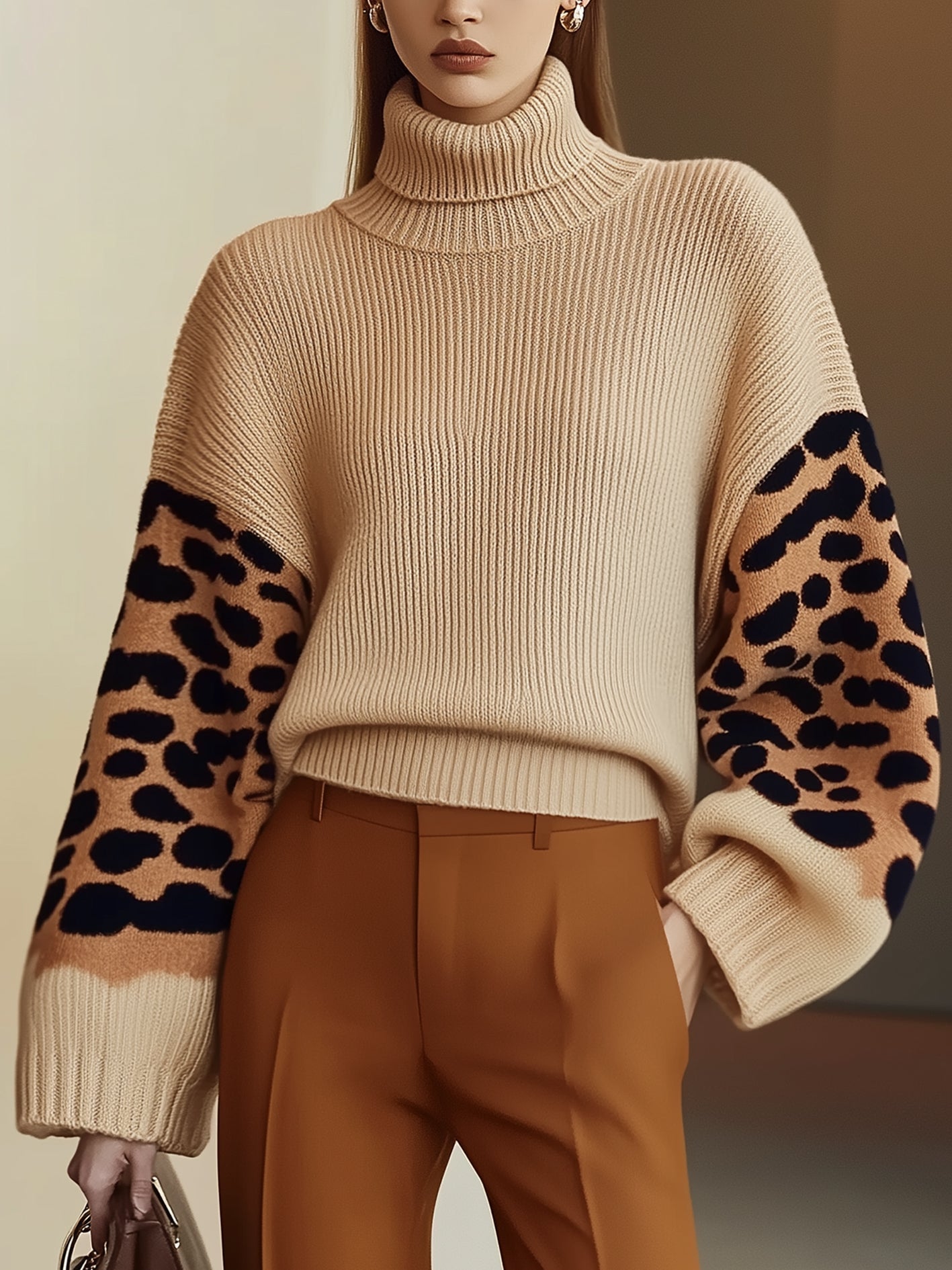 R&B | Rollkragen-strickpullover Leopardenärmel Modernes Aussehen