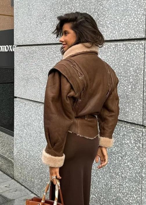 R&B | Wildleder Wickeljacke mit Fellbesatz