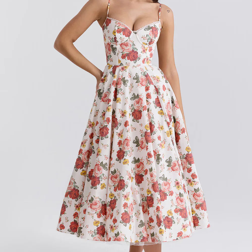 R&B | Feminines Blumen Midikleid mit Korsett Oberteil