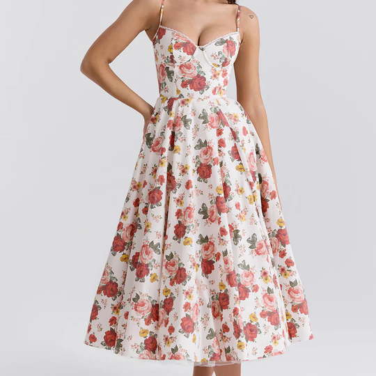 R&B | Feminines Blumen Midikleid mit Korsett Oberteil