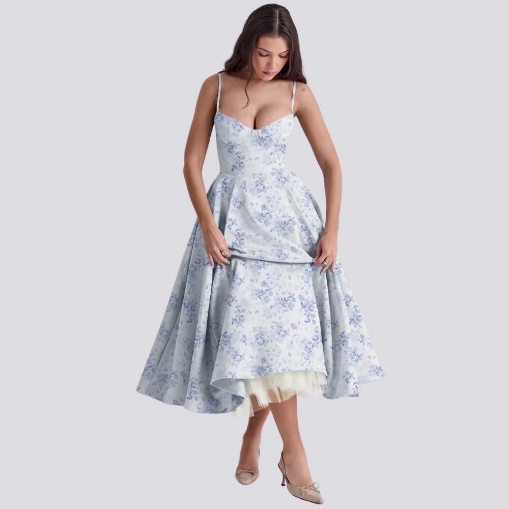 R&B | Feminines Blumen Midikleid mit Korsett Oberteil