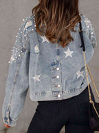 R&B | Perlenbesatz Knopf-Down Denimjacke mit Taschen