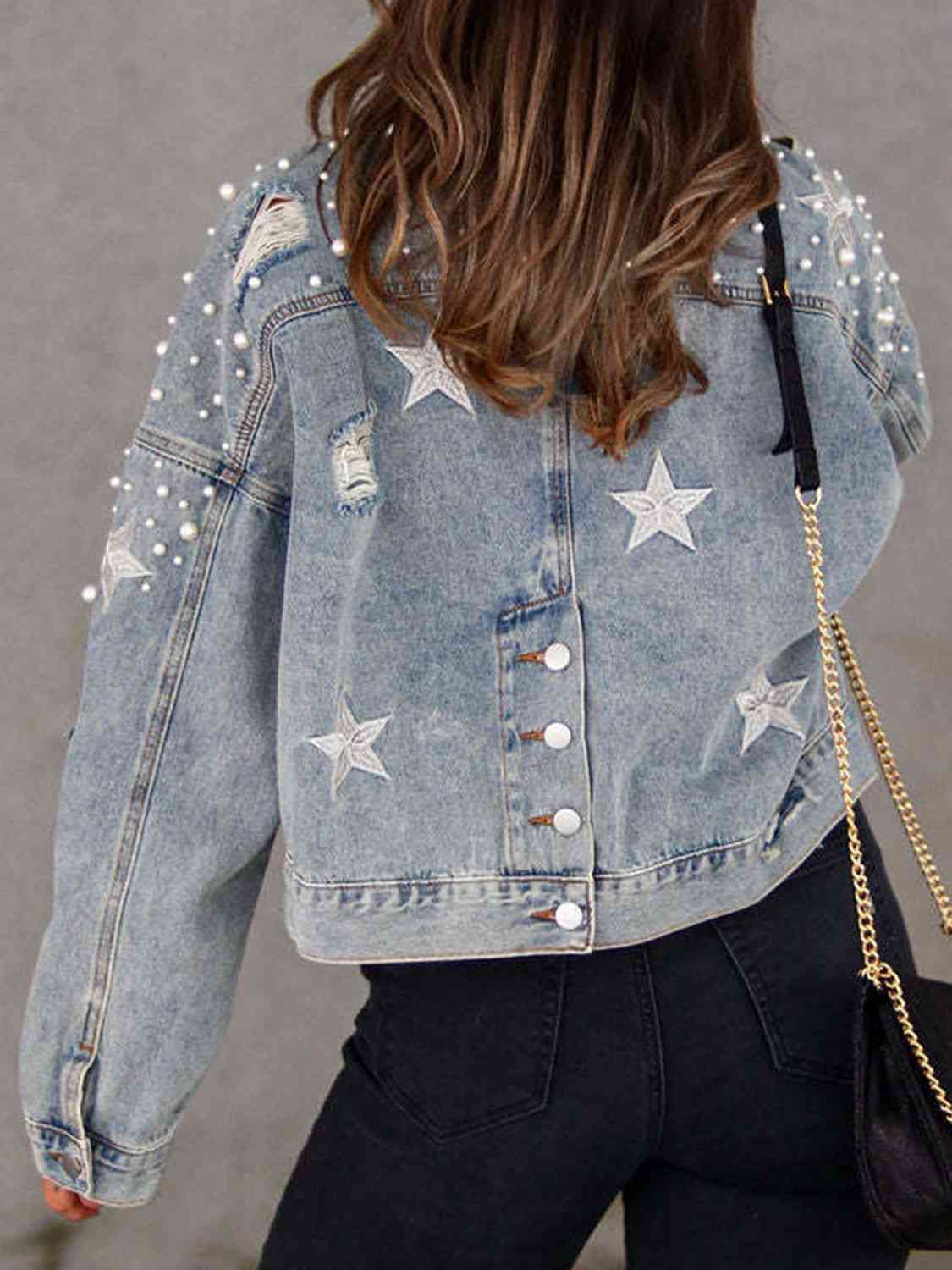 R&B | Perlenbesatz Knopf-Down Denimjacke mit Taschen