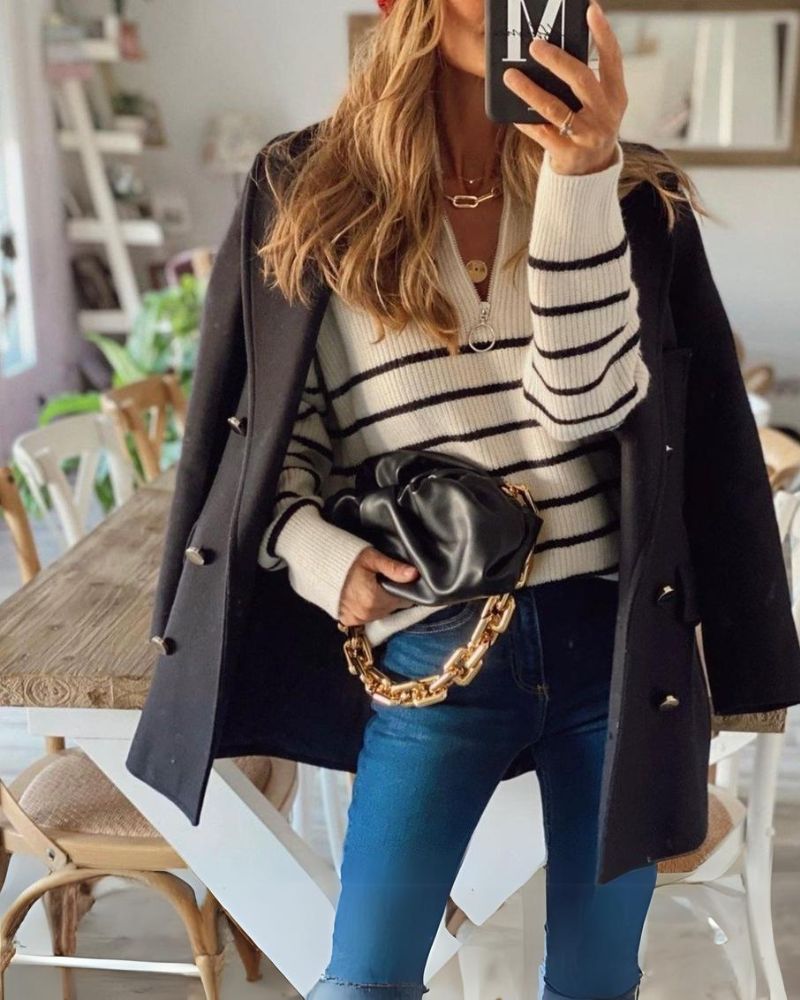 R&B | Lässiger Gestreifter Schwarz-Weiß-Pullover