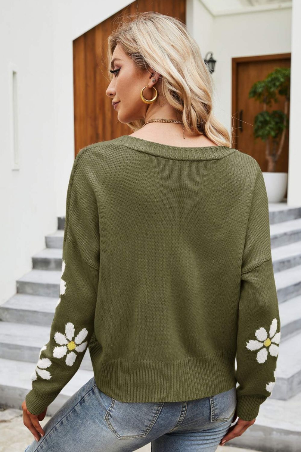 R&B | Floral Ribbed Trim Drop Shoulder Cardigan
