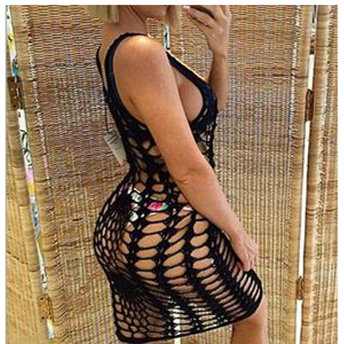 Damen Netz-Strandkleid mit ausgefallenen Lochmustern und tiefem Ausschnitt R&B