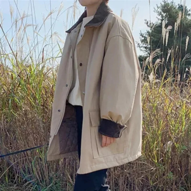 R&B | Damen Vintage-Style Jacke mit Umschlagbarem Kragen und Großen Taschen