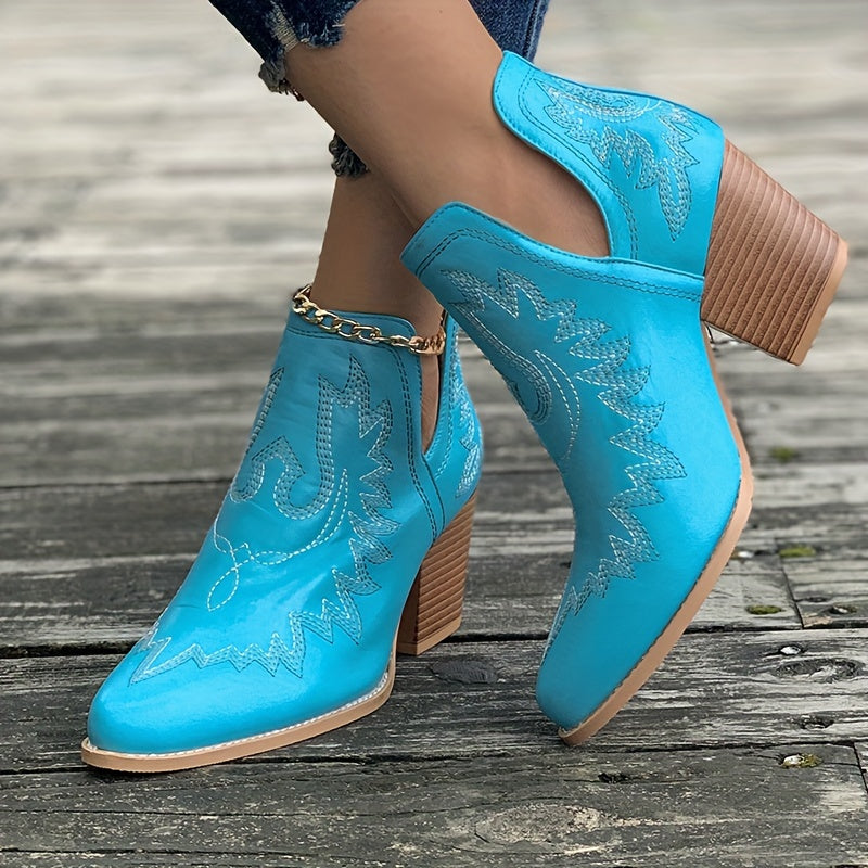 R&B | Damen Westernstiefel mit Blockabsatz und Retro-Stickerei