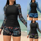 R&B | Langarm Print Spleißen Doppelhose Tankini Badeanzug