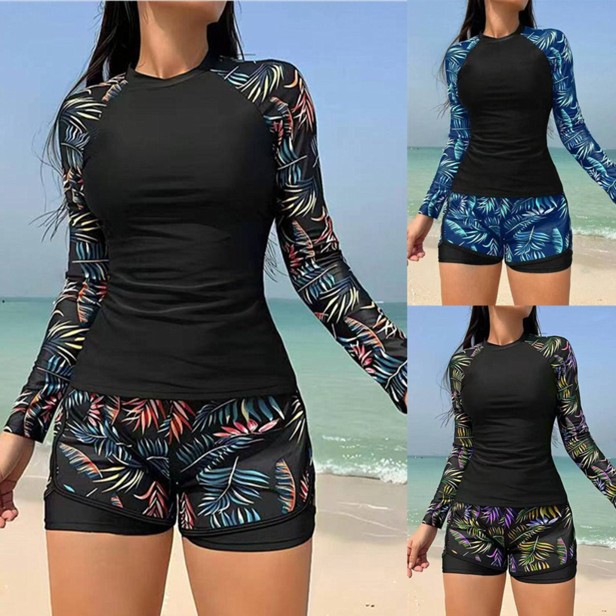 R&B | Langarm Print Spleißen Doppelhose Tankini Badeanzug