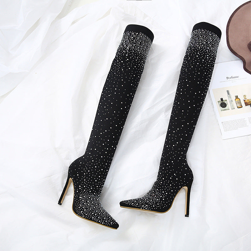 R&B | Strass Hohe Stiefel mit Absatz Bis Zum Oberschenkel