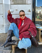 R&B | Burgundisch Zip up Jacke in Übergröße mit Kontrastnähten
