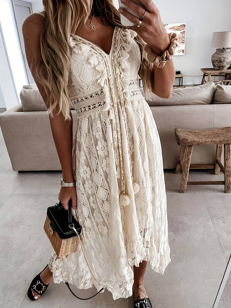 Heidi-Mode – boho-maxi-sommerkleid mit spaghettiträgern und v-ausschnitt