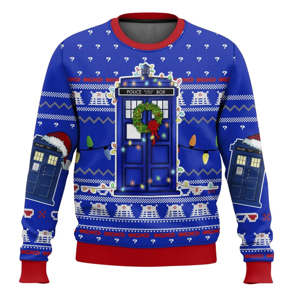 R&B | 3D Weihnachtsstrickpullover - Humorvolles Tardis-Design & Wärmer Komfort für die Feiertage