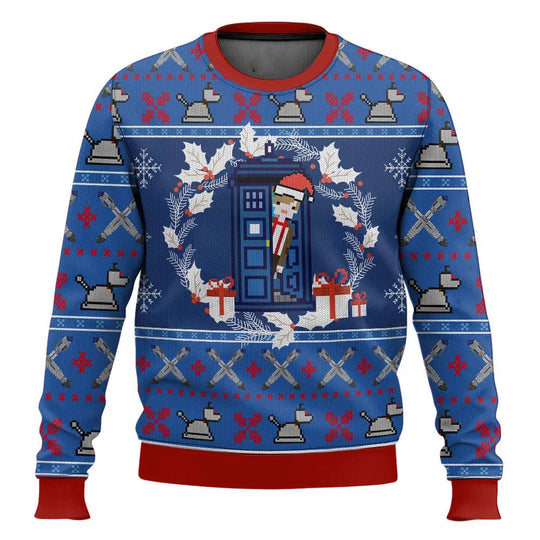 R&B | 3D Weihnachtsstrickpullover - Humorvolles Tardis-Design & Wärmer Komfort für die Feiertage