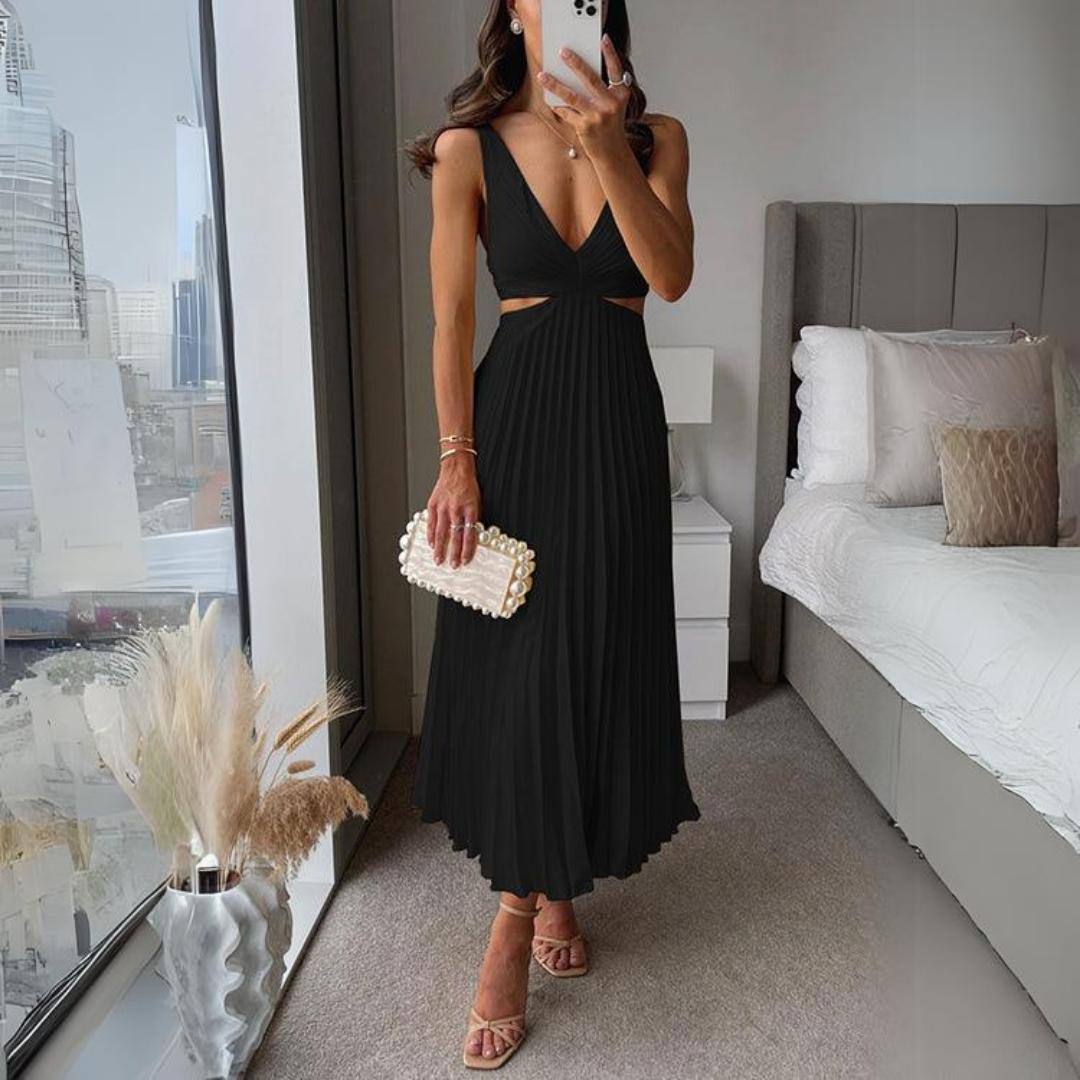 R&B | Midi Kleid Ärmellos V-Ausschnitt Twist Front & Cut Out Detail Plissierter Rock