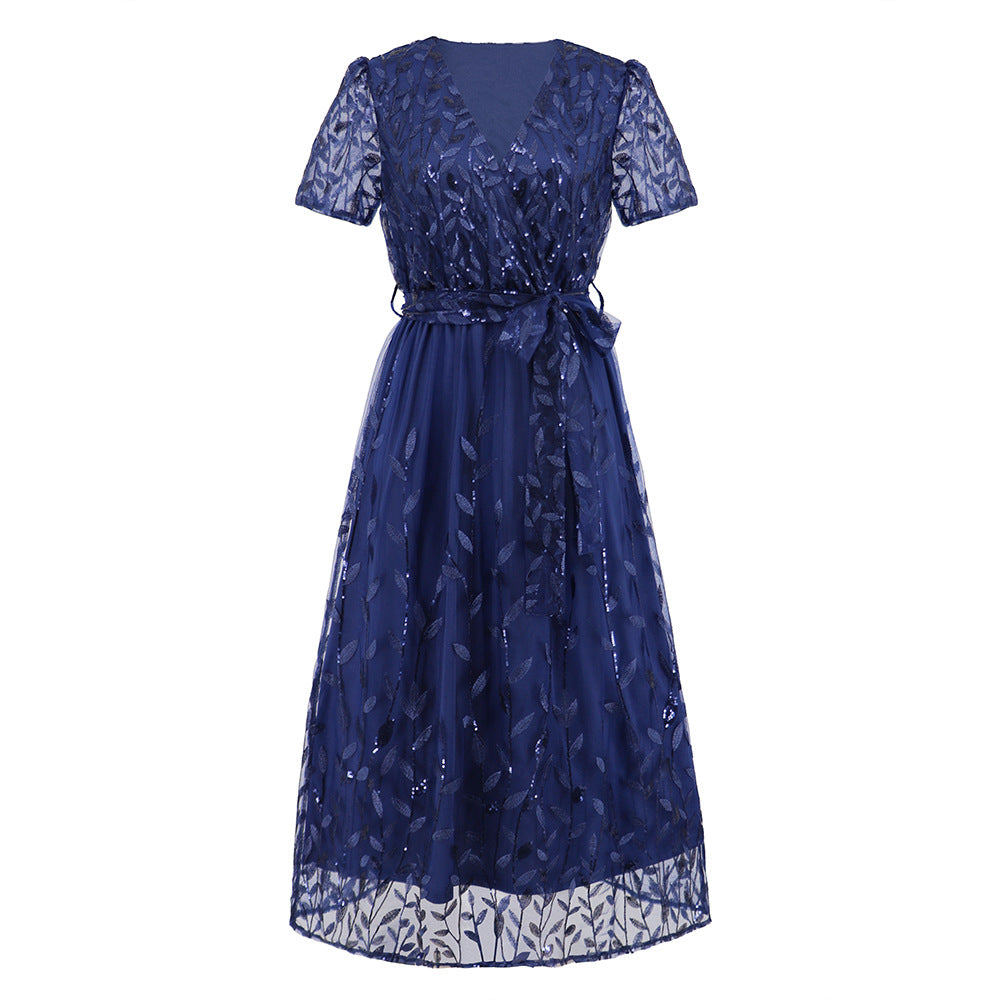 R&B | Kurzärmliges Kreuz V-Ausschnitt Gürtel Midi Kleid