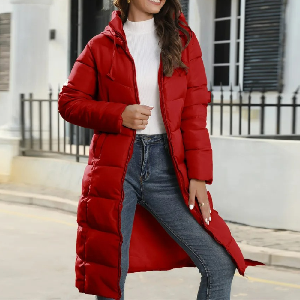 R&B | Langer Winter-Daunenmantel mit Kapuze und Gürtel für Frauen Ideal für den Winter