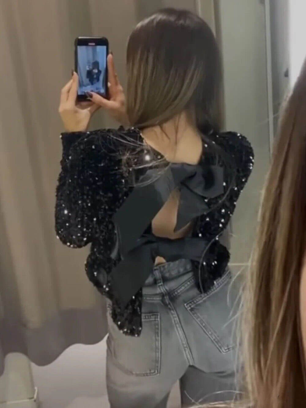 R&B | Damen Paillettenjacke Mit Schleifenverschluss