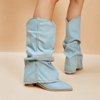R&B | Gefaltete Denim-Stiefel mit Blockabsatz