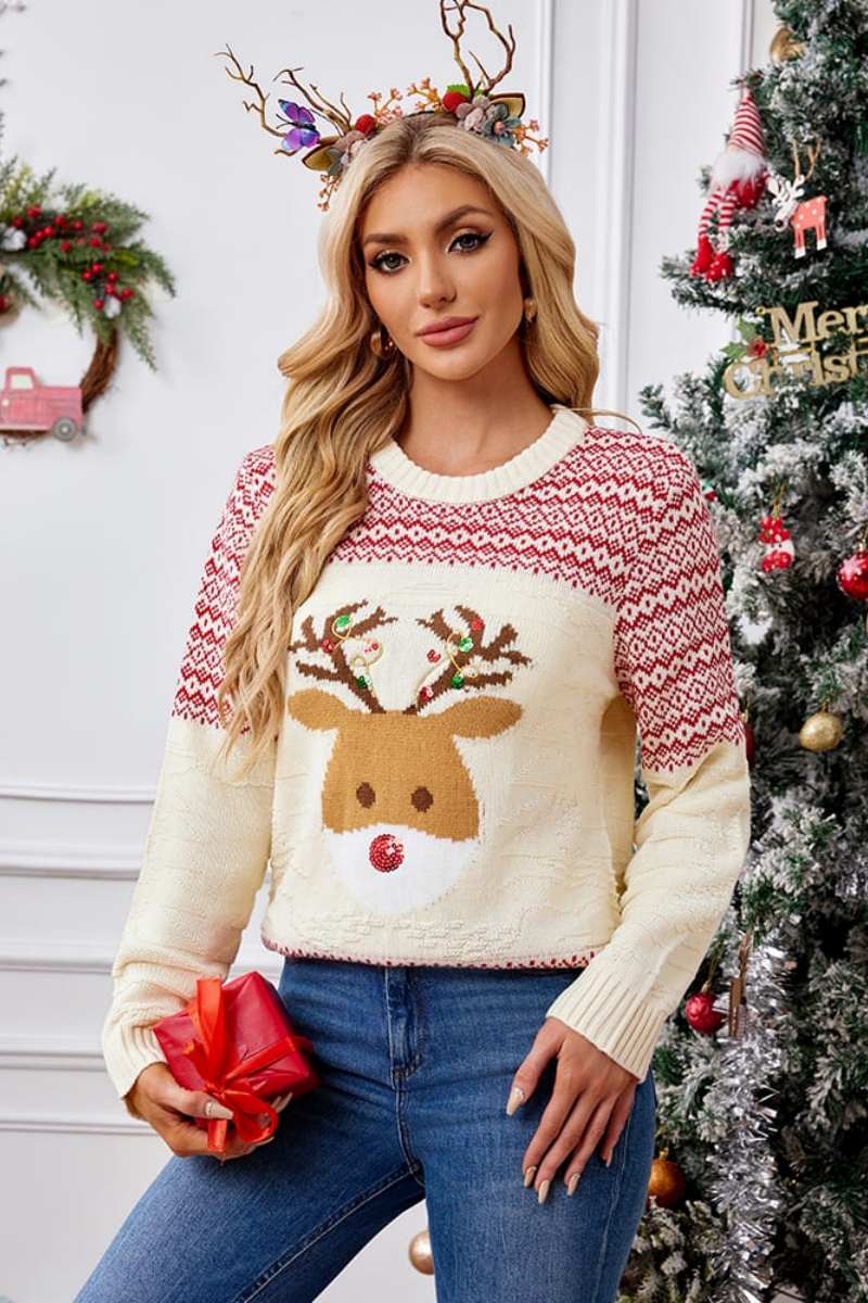 R&B | Weihnachtlicher Rundhals bestickter Strickpullover